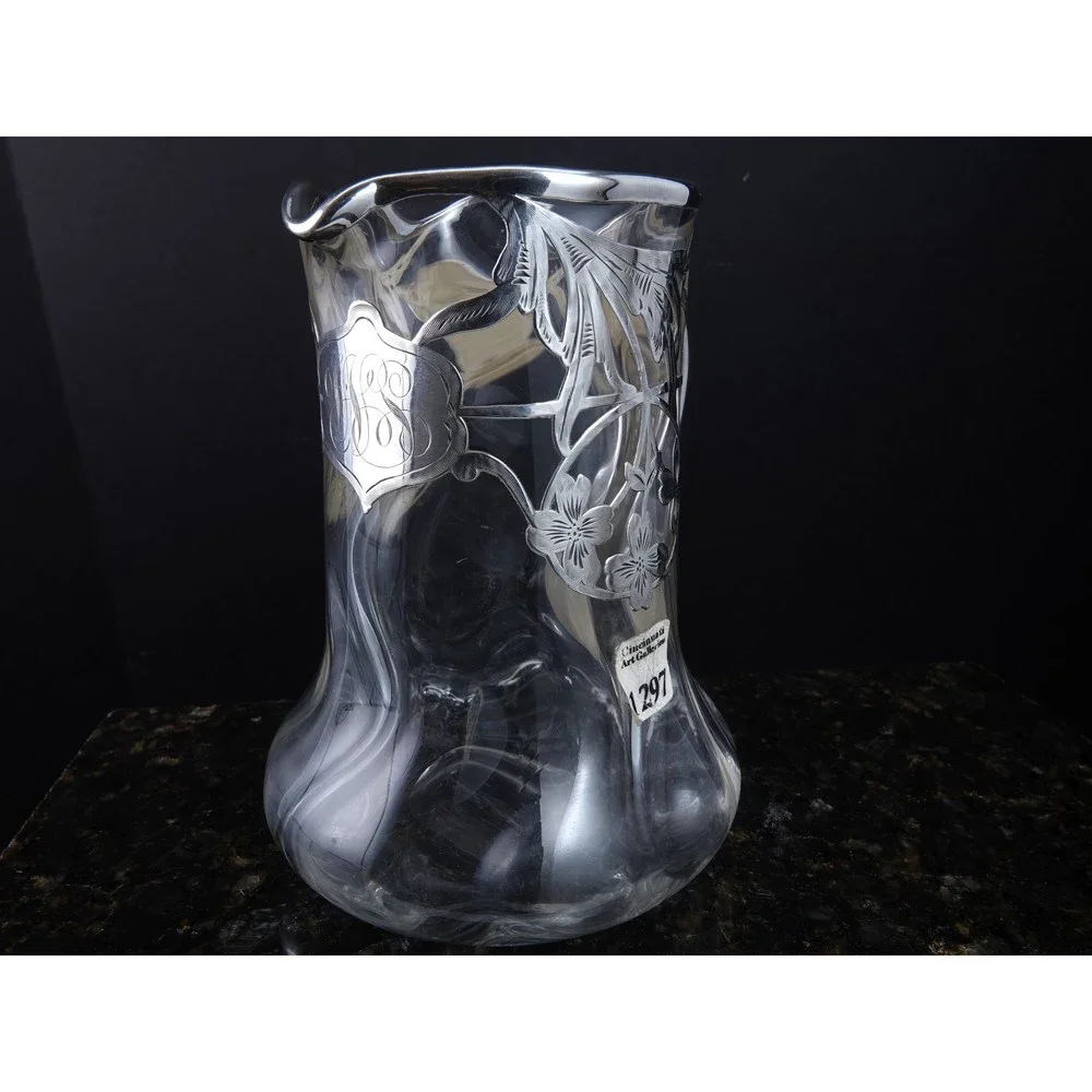 c1900 Art Nouveau Sterling Silver Overlay Art glass Juice Pitcher